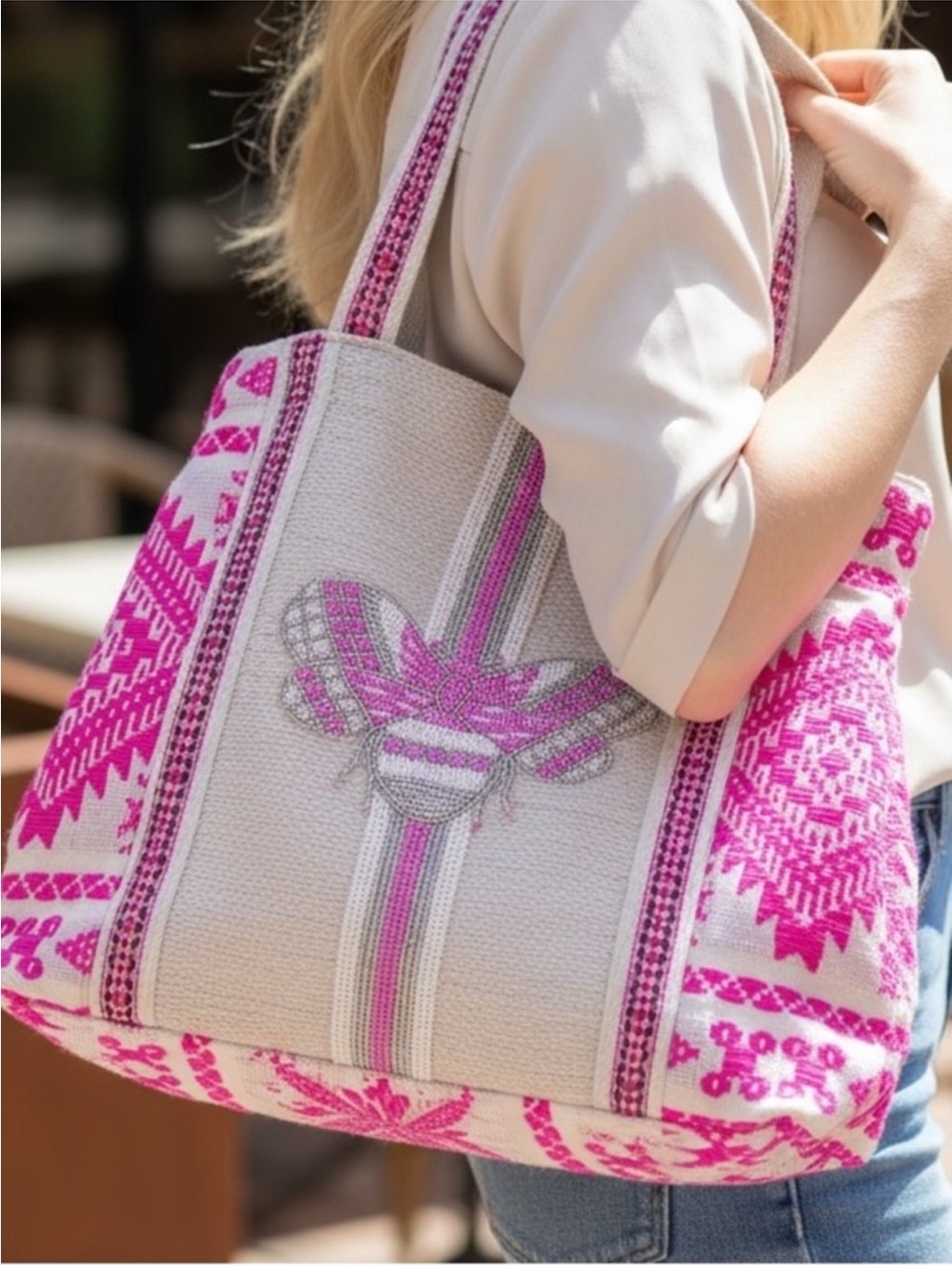 New America & Beyond Boho Beaded Embroidered Butterfly Tote
